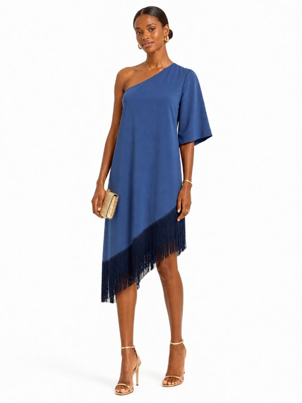 Trina Turk Gull Dress One Shoulder Fringe Hem Blue XS